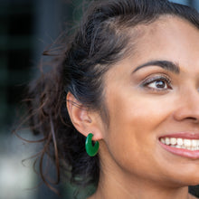 Load image into Gallery viewer, Emerald Green Art Deco Flat Hoop Earrings
