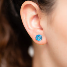 Load image into Gallery viewer, Aqua Blue Carved Lucite Rose Stud Earrings