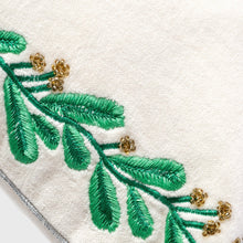 Load image into Gallery viewer, Embroidered border mistletoe pillow, cream cotton velvet