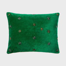 Load image into Gallery viewer, Embroidered star pillow, emerald green cotton velvet