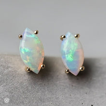 Load image into Gallery viewer, Dainty Marquise Cut Solid Opal Stud Earrings 14K Yellow Gold