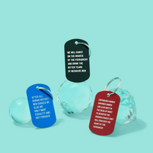Load image into Gallery viewer, Dance on the Graves of the Patriarchy Dog Tag Keychain in Black, Laser Engraved