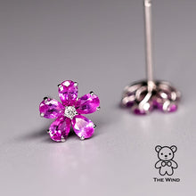 Load image into Gallery viewer, Pink Sapphire Diamond Sakura Cherry Blossom Flower Stud Earrings 14K Rose Gold