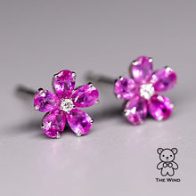 Load image into Gallery viewer, Pink Sapphire Diamond Sakura Cherry Blossom Flower Stud Earrings 14K Rose Gold