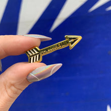 Load image into Gallery viewer, Don't Look Back Arrow Enamel Pin in Gold on Gift Card