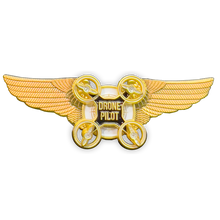 Load image into Gallery viewer, BL4-005 Gold Full size UAS FAA Commercial Drone Pilot Wings pin with spinning propellers