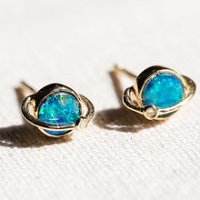 Load image into Gallery viewer, Earth Moon Design Australian Doublet Opal &amp; Diamond Stud Earrings 18K Yellow Gold