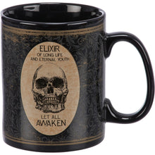Load image into Gallery viewer, Elixir Of Long Life Eternal Youth Large Stoneware Skull Coffee Mug | Holds 20 oz.