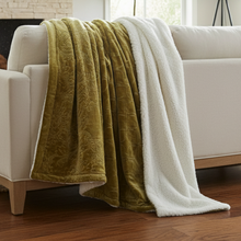Load image into Gallery viewer, Tache Solid Embossed Green Olive Chartreuse Sherpa Throw Blanket (62096)