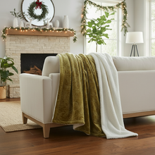 Load image into Gallery viewer, Tache Solid Embossed Green Olive Chartreuse Sherpa Throw Blanket (62096)