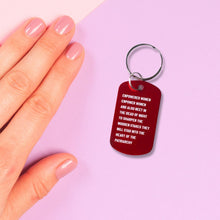 Load image into Gallery viewer, Empowered Women Empower Women And Also Meet in the Dead of Night Feminist Dog Tag Keychain in Red with Silver Lettering