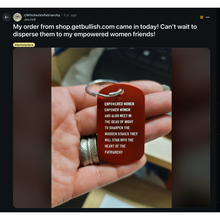 Load image into Gallery viewer, Empowered Women Empower Women And Also Meet in the Dead of Night Feminist Dog Tag Keychain in Red with Silver Lettering