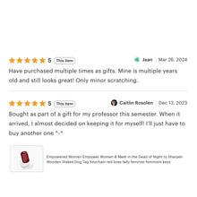 Load image into Gallery viewer, Empowered Women Empower Women And Also Meet in the Dead of Night Feminist Dog Tag Keychain in Red with Silver Lettering
