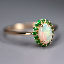 Load image into Gallery viewer, 14K Yellow Gold Engagement Ring featuring Australian Opal Halo Tsavorite