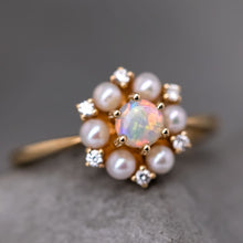 Load image into Gallery viewer, 18K Yellow Gold Engagement Ring with Opal, Pearls, Diamonds