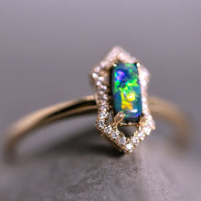Load image into Gallery viewer, Ethereal Prism - Halo Diamond Black Opal Engagement Ring 18K Yellow Gold