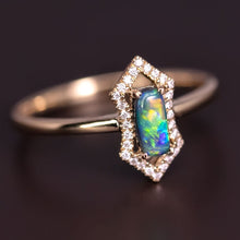 Load image into Gallery viewer, Ethereal Prism - Halo Diamond Black Opal Engagement Ring 18K Yellow Gold