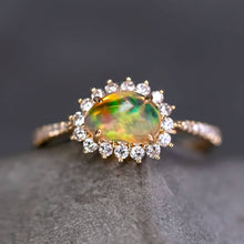 Load image into Gallery viewer, Exquisite Fire Opal Halo Diamond Engagement Ring 18K Yellow Gold