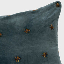 Load image into Gallery viewer, Embroidered star pillow, dark grey cotton velvet
