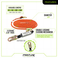 Load image into Gallery viewer, Frontline VLPR3L Premium Vertical Lifeline with Openable Rope Grab and Shock Pack 200'