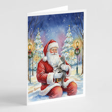 Load image into Gallery viewer, Gray and White Cat with Santa Claus Greeting Cards Pack of 8