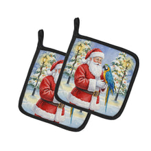 Load image into Gallery viewer, Blue and Gold Macaw Parrot with Santa Claus Pair of Pot Holders