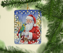 Load image into Gallery viewer, Blue Fronted Amazon Parrot with Santa Claus Porcelain Ornament