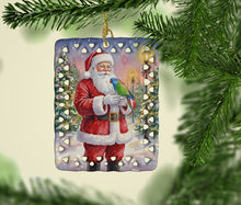 Load image into Gallery viewer, Blue Headed Pionus Parrot with Santa Claus Porcelain Ornament