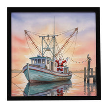 Load image into Gallery viewer, Cajun Santa Claus Decorating a Shrimp Boat Christmas Framed Metal Print