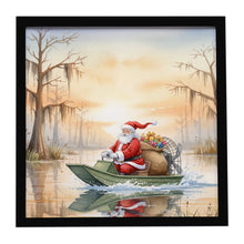 Load image into Gallery viewer, Cajun Santa Claus Delivering Gifts by Airboat Christmas Framed Metal Print