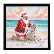 Load image into Gallery viewer, Santa Claus Building a Sand Snowman Christmas Framed Metal Print
