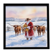 Load image into Gallery viewer, Santa Claus Feeding the Longhorns Christmas Framed Metal Print