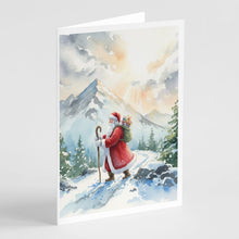 Load image into Gallery viewer, Santa Claus Hiking in the Mountains Christmas Greeting Cards Pack of 8