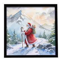 Load image into Gallery viewer, Santa Claus Hiking in the Mountains Christmas Framed Metal Print
