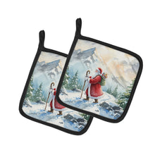 Load image into Gallery viewer, Santa Claus Hiking in the Mountains Christmas Pair of Pot Holders