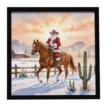 Load image into Gallery viewer, Santa Claus on Horseback at the Ranch Christmas Framed Metal Print