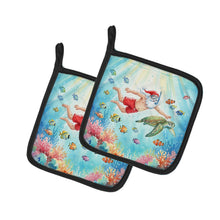 Load image into Gallery viewer, Santa Claus Snorkeling with a Sea Turtle Christmas Pair of Pot Holders