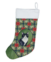 Load image into Gallery viewer, Black and White Tuxedo Cat with Poinsettias Holiday Stocking
