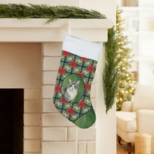 Load image into Gallery viewer, Gray and White Cat with Poinsettias Holiday Stocking