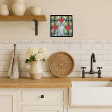 Load image into Gallery viewer, Gray Mackerel Tabby Cat with Poinsettias Framed Metal Print