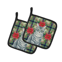 Load image into Gallery viewer, Gray Mackerel Tabby Cat with Poinsettias Pair of Pot Holders