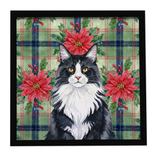Load image into Gallery viewer, MaineCoon Black and White Cat with Poinsettias Framed Metal Print