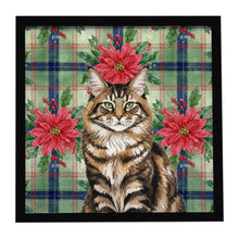 Load image into Gallery viewer, MaineCoon Brown Tabby Cat with Poinsettias Framed Metal Print