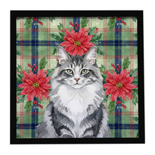 Load image into Gallery viewer, Norwegian Forest Cat Gray and White Cat with Poinsettias Framed Metal Print