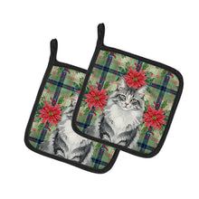 Load image into Gallery viewer, Norwegian Forest Cat Gray and White Cat with Poinsettias Pair of Pot Holders