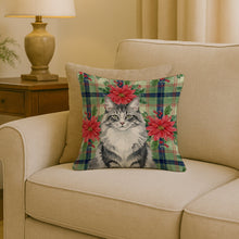 Load image into Gallery viewer, Norwegian Forest Cat Gray and White Cat with Poinsettias Throw Pillow