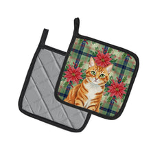 Load image into Gallery viewer, Orange Mackerel Tabby Cat with Poinsettias Pair of Pot Holders