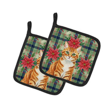 Load image into Gallery viewer, Orange Mackerel Tabby Cat with Poinsettias Pair of Pot Holders