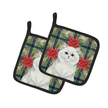 Load image into Gallery viewer, Persian White Cat with Poinsettias Pair of Pot Holders