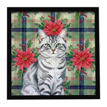 Load image into Gallery viewer, Silver Classic Tabby Cat with Poinsettias Framed Metal Print